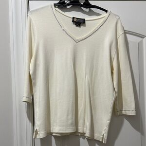 Christine Alexander Cream V-Neck Top with Rhinestone Trim